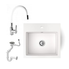 Gránit mosogató NERO Uno + flexibilis csaptelep (fehér)