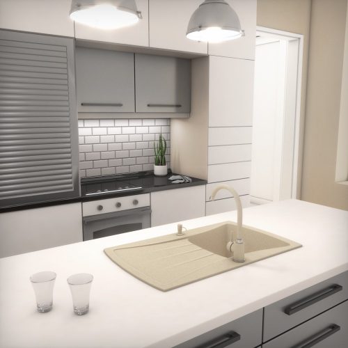 Gránit mosogatótálca NERO Venezia + Design csaptelep + adagoló (bézs)