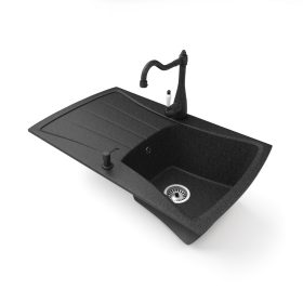   Gránit mosogatótálca NERO Venezia + rusztikus csaptelep + adagoló (fekete)