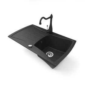   Gránit mosogatótálca NERO Venezia + rusztikus csaptelep + dugókiemelő (fekete)