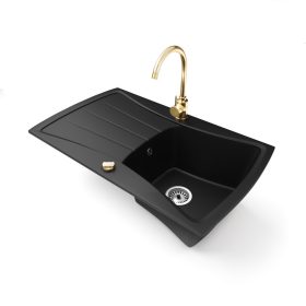   Gránit mosogatótálca NERO Venezia + magasított arany csaptelep + dugókiemelő (matt fekete)