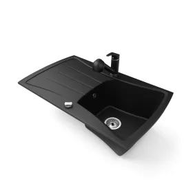  Gránit mosogatótálca NERO Venezia + kihúzható zuhanyfejes Shower csaptelep + dugókiemelő (matt fekete)