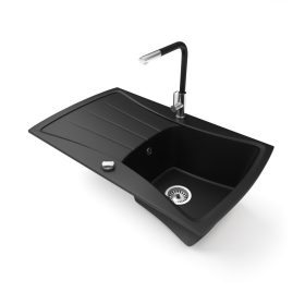   Gránit mosogatótálca NERO Venezia + kihúzható fejes Linea csaptelep + dugókiemelő (matt fekete)