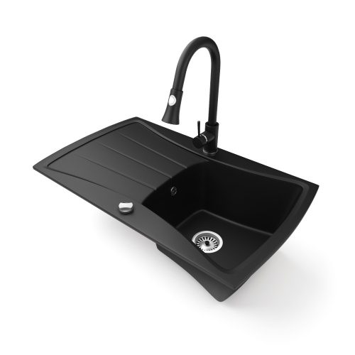 Gránit mosogatótálca NERO Venezia + kihúzható zuhanyfejes Snake csaptelep + dugókiemelő (matt fekete)