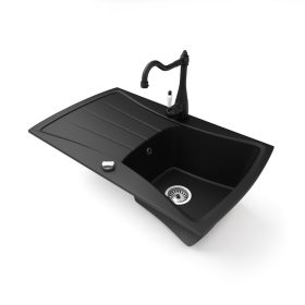   Gránit mosogatótálca NERO Venezia + rusztikus csaptelep + dugókiemelő (matt fekete)