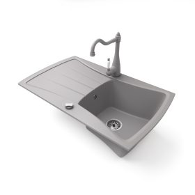   Gránit mosogatótálca NERO Venezia + rusztikus csaptelep + dugókiemelő (szürke)