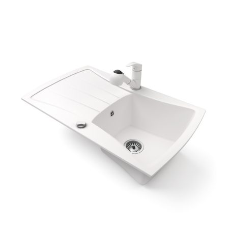 Gránit mosogatótálca NERO Venezia + kihúzható zuhanyfejes Shower csaptelep + dugókiemelő (fehér)