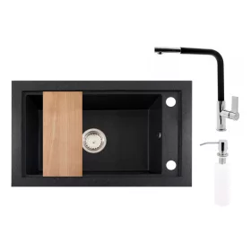 Panama P686-427C Gránit Mosogató + Kihúzható Linea Csaptelep + Deszka + Adagoló (szemcsés fekete)