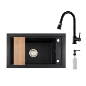 Panama P686-427C Gránit Mosogató + Kihúzható Csap + Adagoló + Deszka + Szifon (fekete)