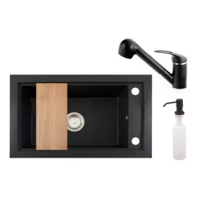  	 Panama P686-427C Gránit Mosogató + Kihúzható Shower Csaptelep + Deszka + Adagoló (szemcsés fekete) 
