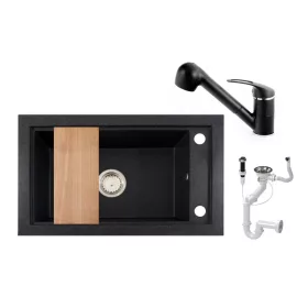 Panama P686-427C Gránit Mosogató + Kihúzható Shower Csaptelep + Deszka + Dugóemelő (szemcsés fekete)