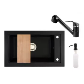 Panama P686-427CM Gránit Mosogató + Kihúzható Shower Csaptelep + Deszka + Adagoló (matt fekete)