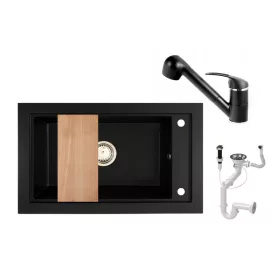 Panama P686-427C Gránit Mosogató + Kihúzható Shower Csaptelep + Deszka + Dugóemelő (matt fekete)