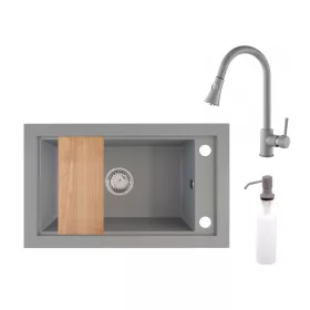 Panama P686-427S Gránit Mosogató + Kihúzható Zuhanyfejes Csap + Adagoló + Deszka + Szifon (szürke)