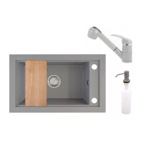 Panama P686-427S Gránit Mosogató + Kihúzható Shower Csap + Adagoló + Deszka + Szifon (szürke)