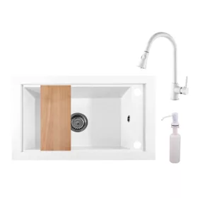 Panama P686-427W Gránit Mosogató + Kihúzható Zuhanyfejes Csap + Adagoló + Deszka + Szifon (fehér)