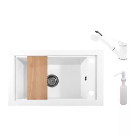 Panama P686-427W Gránit Mosogató + Kihúzható Shower Csap + Adagoló + Deszka + Szifon (fehér)