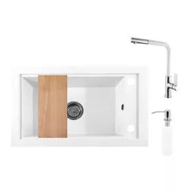 Panama P686-427W Gránit Mosogató + Kihúzható Linea Csaptelep + Adagoló + Deszka + Szifon (fehér)