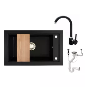   Gránit mosogató Nero Panama + magasított csaptelep + vágódeszka + dugókiemelő (fekete)