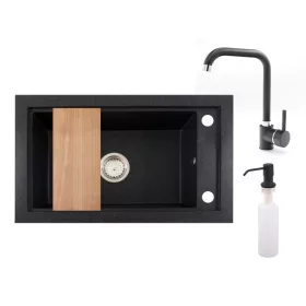 Panama P686-427C Gránit Mosogató + Steel Csaptelep + Adagoló + Deszka + Szifon (fekete)