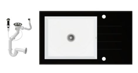 NERO 86-50C-BI Edzett Üveg Mosogató + dugóemelő (fekete-fehér)