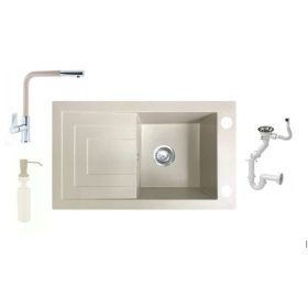   NERO Cortina Gránit mosogató + Kihúzható csaptelep + Adagoló (bézs)