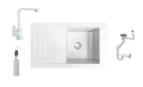 NERO Cortina Gránit mosogató + Design csaptelep + Adagoló (fehér)