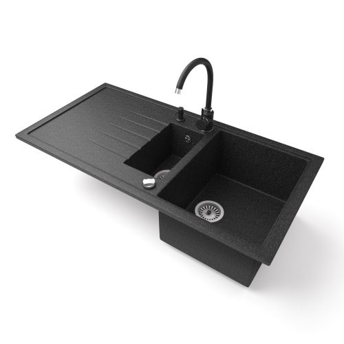 Gránit mosogató - Nero Solarys + magasított csaptelep + adagoló + dugókiemelő (fekete)
