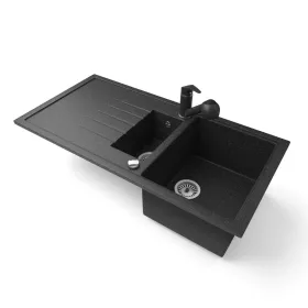   Gránit mosogató - Nero Solarys + kihúzható zuhanyfejes Shower csaptelep + dugókiemelő (fekete)