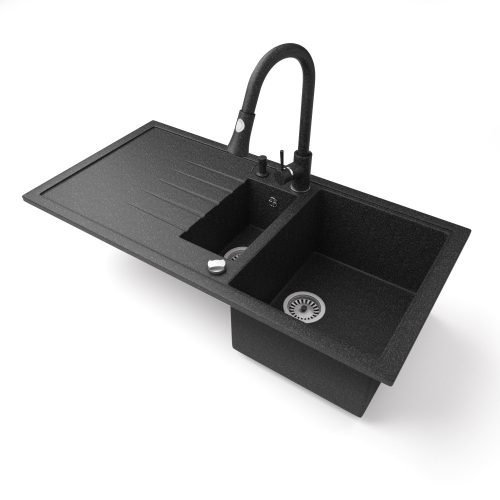 Gránit mosogató - Nero Solarys + kihúzható zuhanyfejes Snake csaptelep + adagoló + dugókiemelő (fekete)
