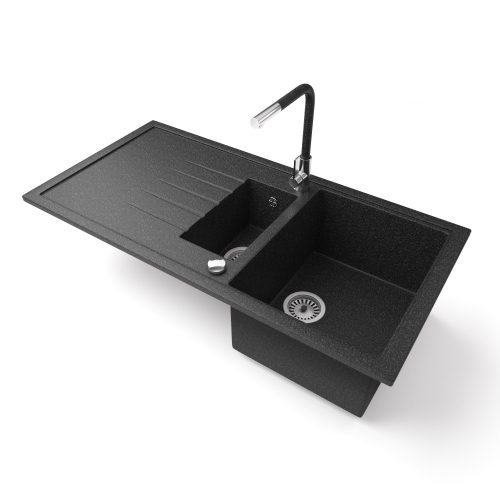 Gránit mosogató - Nero Solarys + kihúzható Linea csaptelep + dugókiemelő (fekete)