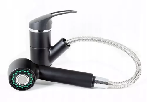 Gránit mosogató - Nero Solarys + kihúzható zuhanyfejes Shower csaptelep + dugókiemelő (matt fekete)