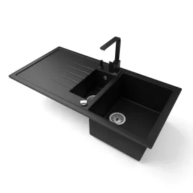   Gránit mosogató - Nero Solarys + Design csaptelep + adagoló + dugókiemelő (matt fekete)
