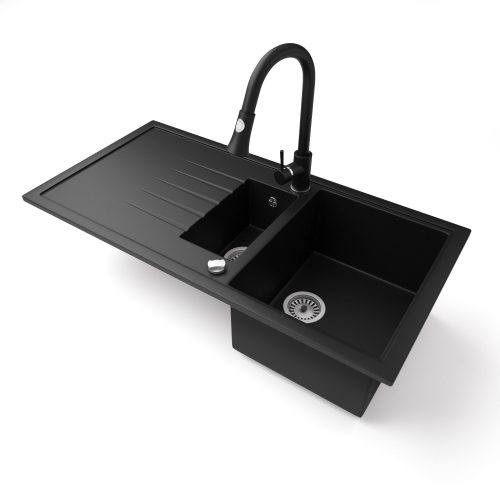 Gránit mosogató - Nero Solarys + kihúzható zuhanyfejes Snake csaptelep + dugókiemelő (matt fekete)