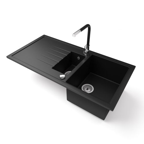 Gránit mosogató - Nero Solarys + kihúzható Linea csaptelep + dugókiemelő (matt fekete)