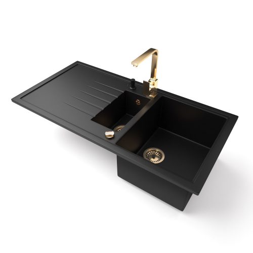 Gránit mosogató - Nero Solarys + Design Gold csaptelep + adagoló + dugókiemelő (matt fekete)