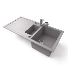   Gránit mosogató - Nero Solarys + kihúzható zuhanyfejes Shower csaptelep + adagoló + dugókiemelő (szürke)