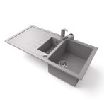   Gránit mosogató - Nero Solarys + kihúzható zuhanyfejes Shower csaptelep + dugókiemelő (szürke)
