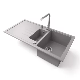   Gránit mosogató - Nero Solarys + kihúzható Linea csaptelep + adagoló + dugókiemelő (szürke)