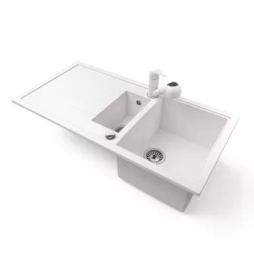   Gránit mosogató - Nero Solarys + kihúzható zuhanyfejes Shower csaptelep + dugókiemelő (fehér)