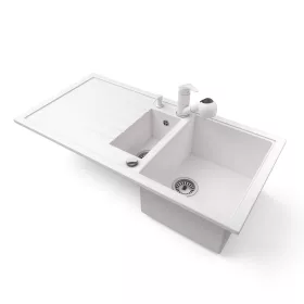   Gránit mosogató - Nero Solarys + kihúzható zuhanyfejes Shower csaptelep + adagoló + dugókiemelő (fehér)