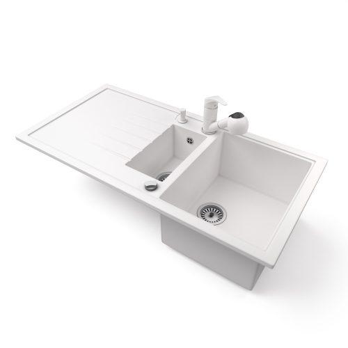 Gránit mosogató - Nero Solarys + kihúzható zuhanyfejes Shower csaptelep + adagoló + dugókiemelő (fehér)