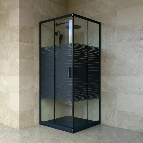 Welland SQ-8080 zuhanykabin elhúzható ajtóval - 80 x 80 cm - fekete profil + dekorcsík