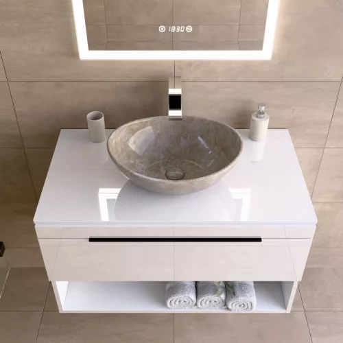 Welland Neolith fürdőszobabútor munkalap - kvarc kompizit - 80 x 45.5 cm (magasfényű fehér)
