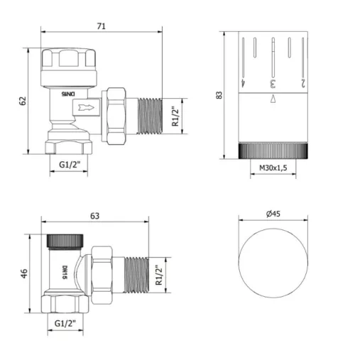 Termosztatikus radiátor sarokszelep készlet - 1/2" - fekete