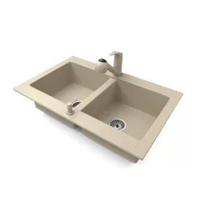  Gránit mosogatótálca NERO Verso + kihúzható zuhanyfejes Shower csaptelep + adagoló (bézs)