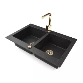   Gránit mosogatótálca NERO Verso + Design Gold csaptelep + dugókiemelő (fekete)