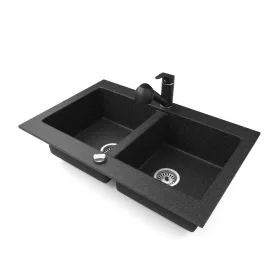   Gránit mosogatótálca NERO Verso + kihúzható zuhanyfejes Shower csaptelep + dugókiemelő (fekete)