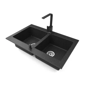   Gránit mosogatótálca NERO Verso + Design csaptelep + adagoló (fekete)
