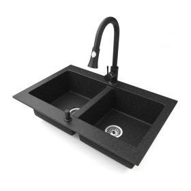   Gránit mosogatótálca NERO Verso + kihúzható zuhanyfejes Snake csaptelep + adagoló (fekete)